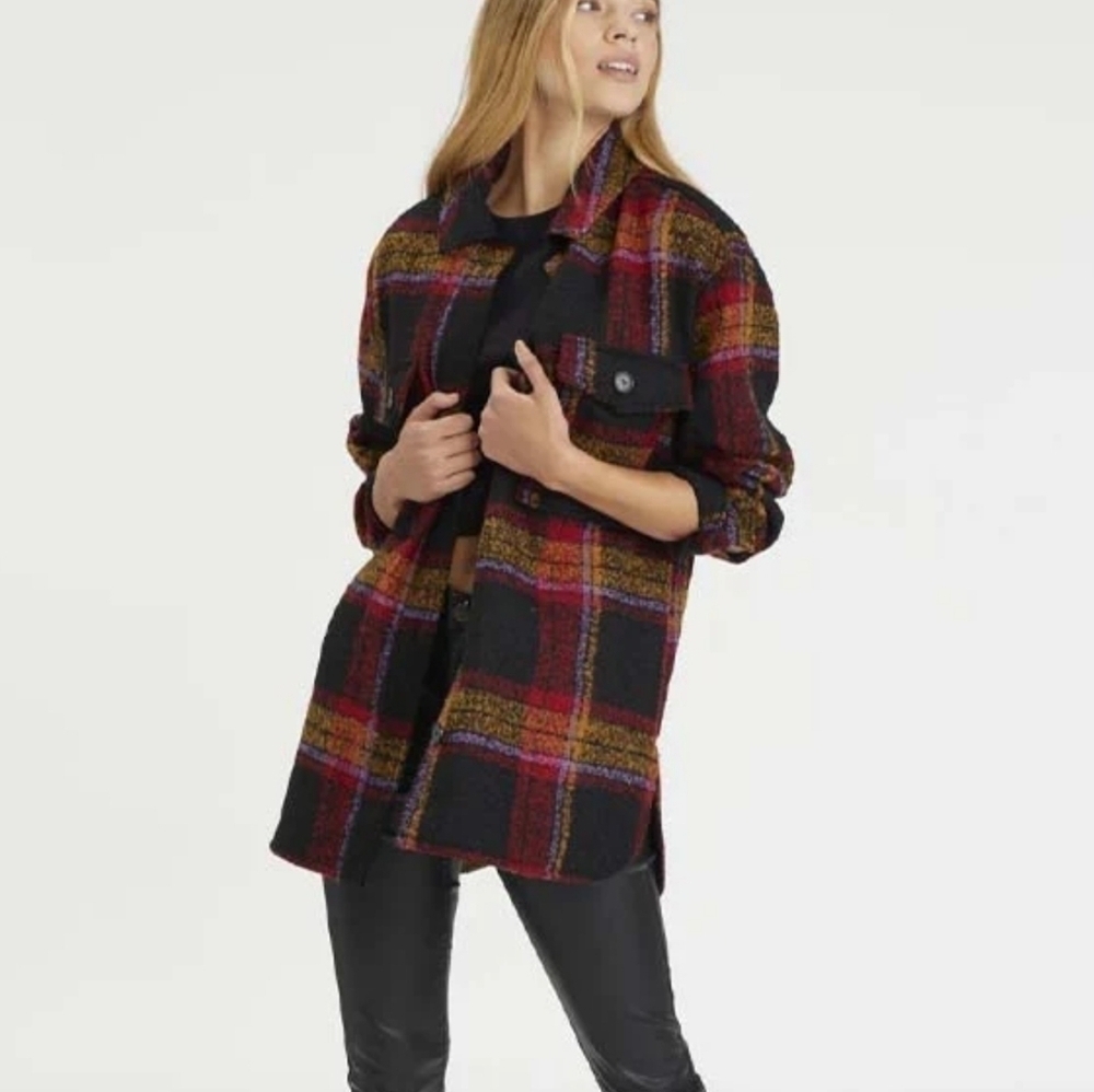 Sanctuary Midi Wool Blend Black Rust Plaid Shirt Jacket Shacket